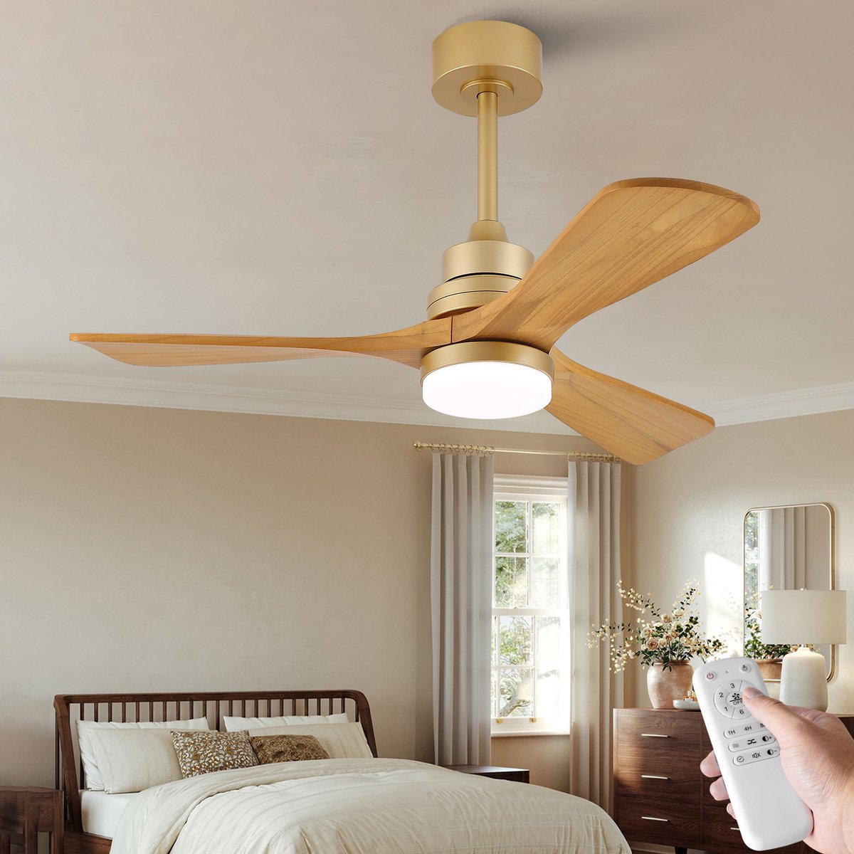 MODENUIT Plafondventilator Verlichting – 107 cm – Hout en Metaal – Golden Oak – 3 Bladen – Afstandsbediening