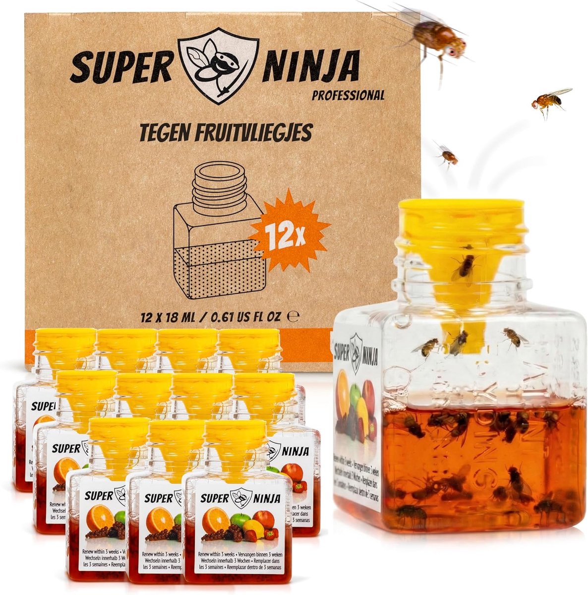 SnelShoppen - Super Ninja Fruitvlieg Trap - 12 Stuks, Effectieve Fruitvlieg Indoor Vangst voor Keuken & Huis, Tot 3 Weken Actief, Kind- en Diervriende