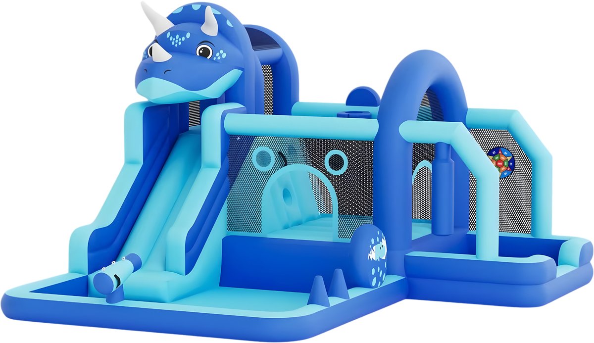 Opblaasbaar springkasteel - Bounce house met glijbaan, klimwand, obstakels, trampoline en ballenbad - Blauw, 400x400 cm