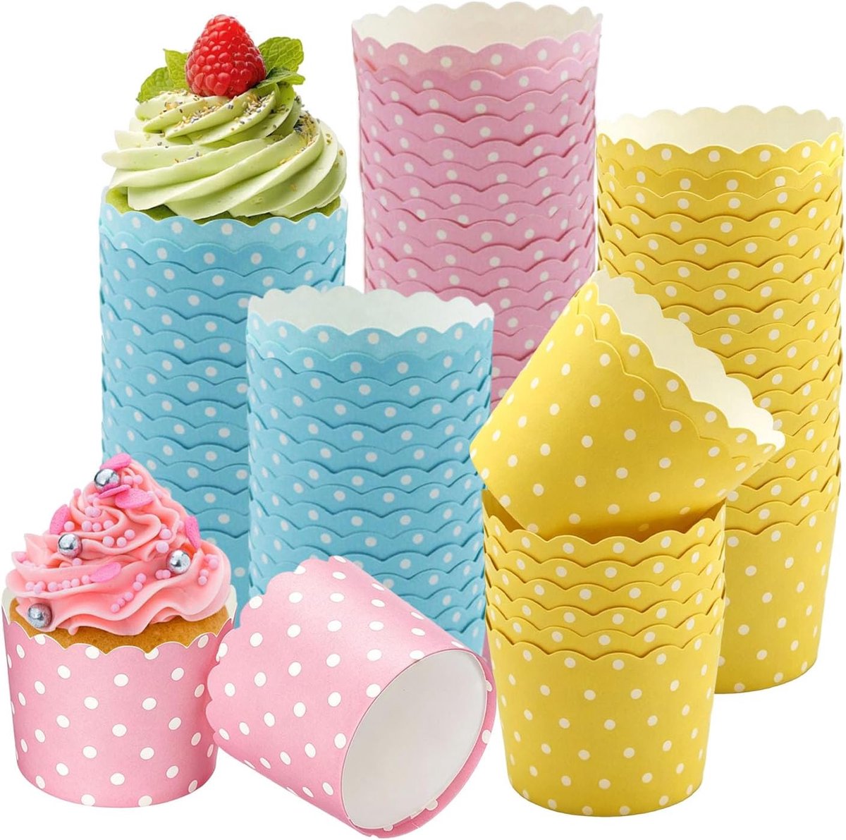 SnelShoppen - 150 Stuks Cupcake Mallen, Mini Muffin Bekers 4.8x6x5 cm, Papieren Cakevormen voor Muffins en Desserts, Kleur: Roze, Blauw, Geel - Perfec