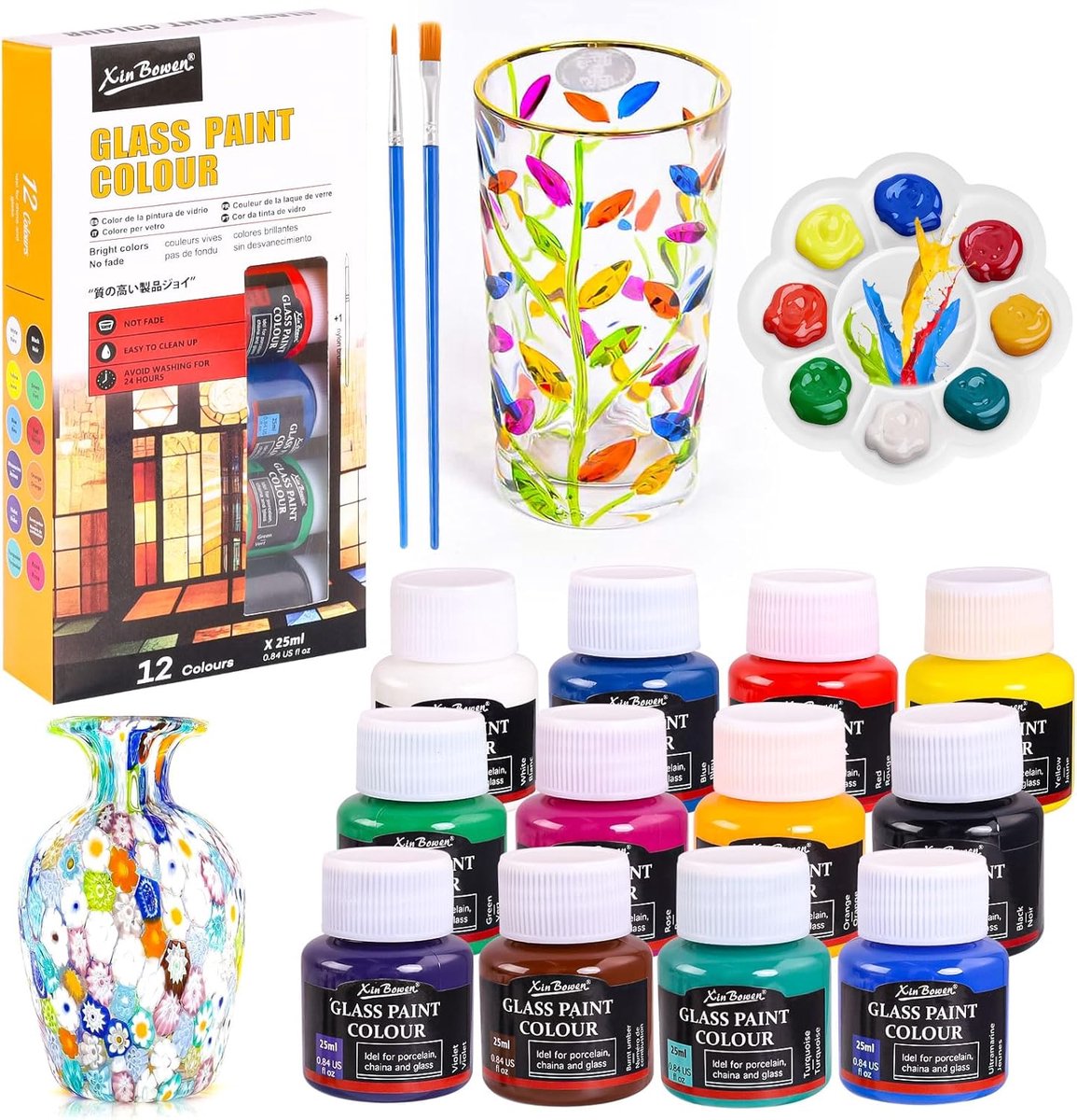 SnelShoppen - Ceramic Painting Set - 12 Stuks Waterproof Porcelain Kleurenset - Inclusief Palet en 2 Fijne Kwasten - Perfect voor Keramiek, Glas, en D