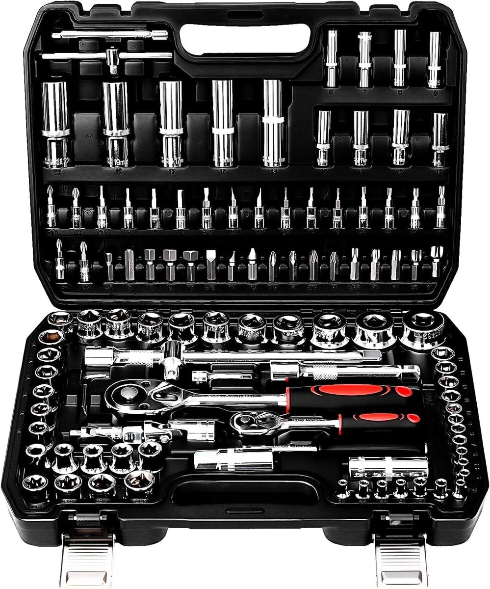SnelShoppen - 108-delige Steeksleutelset met Ratelsleutelset - Cr-V Ratelsleutelbox voor 1/4 Inch en 1/2 Inch - 72 Tanden - Duurzaam en Roestvrij - Id