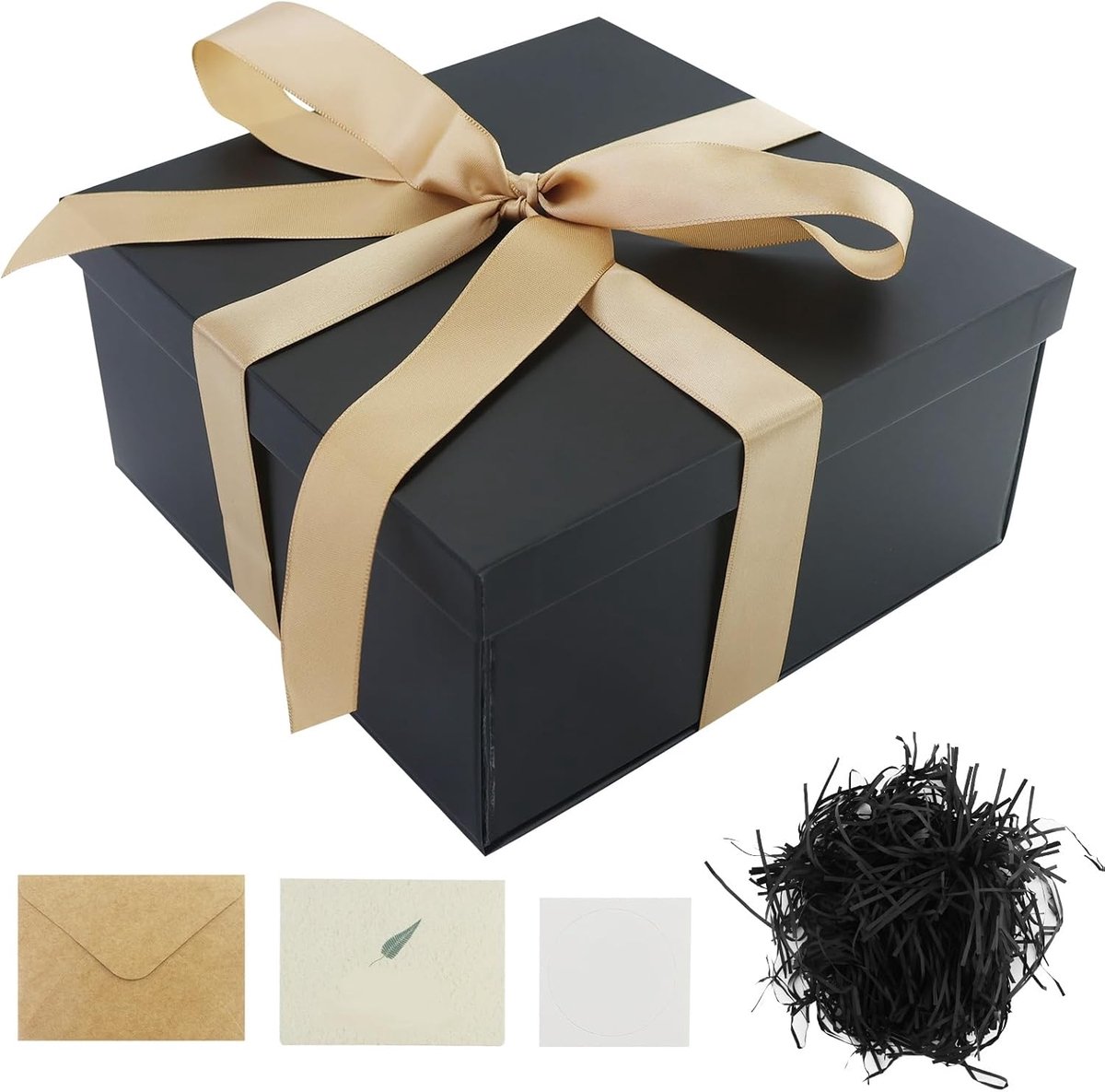 SnelShoppen - Luxe Cadeau Doos met Strik, Souvenir Doos met Deksel, Grote Diepe Cadeauverpakking met Wenskaart Set, Zwarte Raffia & 4 Stuks Bedankkaar