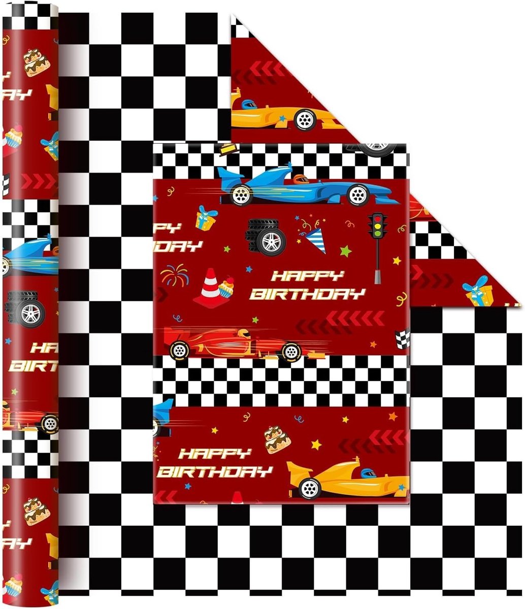 SnelShoppen - Race Auto Cadeaupapier Rol - 43 cm x 10 m Dubbelzijdig Verpakking - Feest, Verjaardag, Kinderen, Racing Car Motief, Hoogwaardige Kwalite