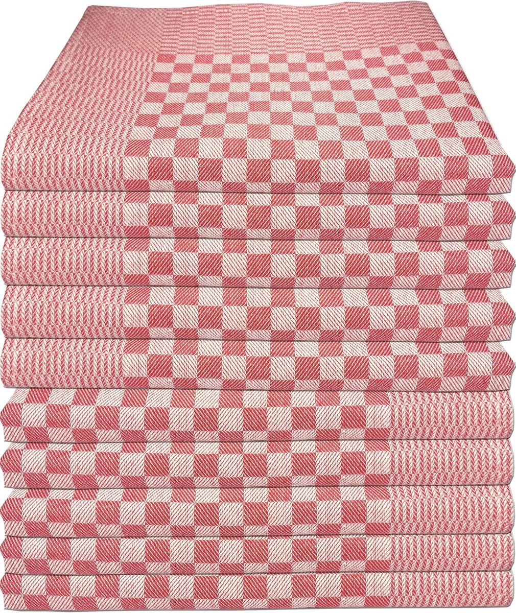 SnelShoppen - Keukenhanddoeken 100% Katoen, 10 Stuks, 50 x 70 cm, 80 g, Rood Wit, Duurzaam en Kleurvast voor Thuis en Horeca