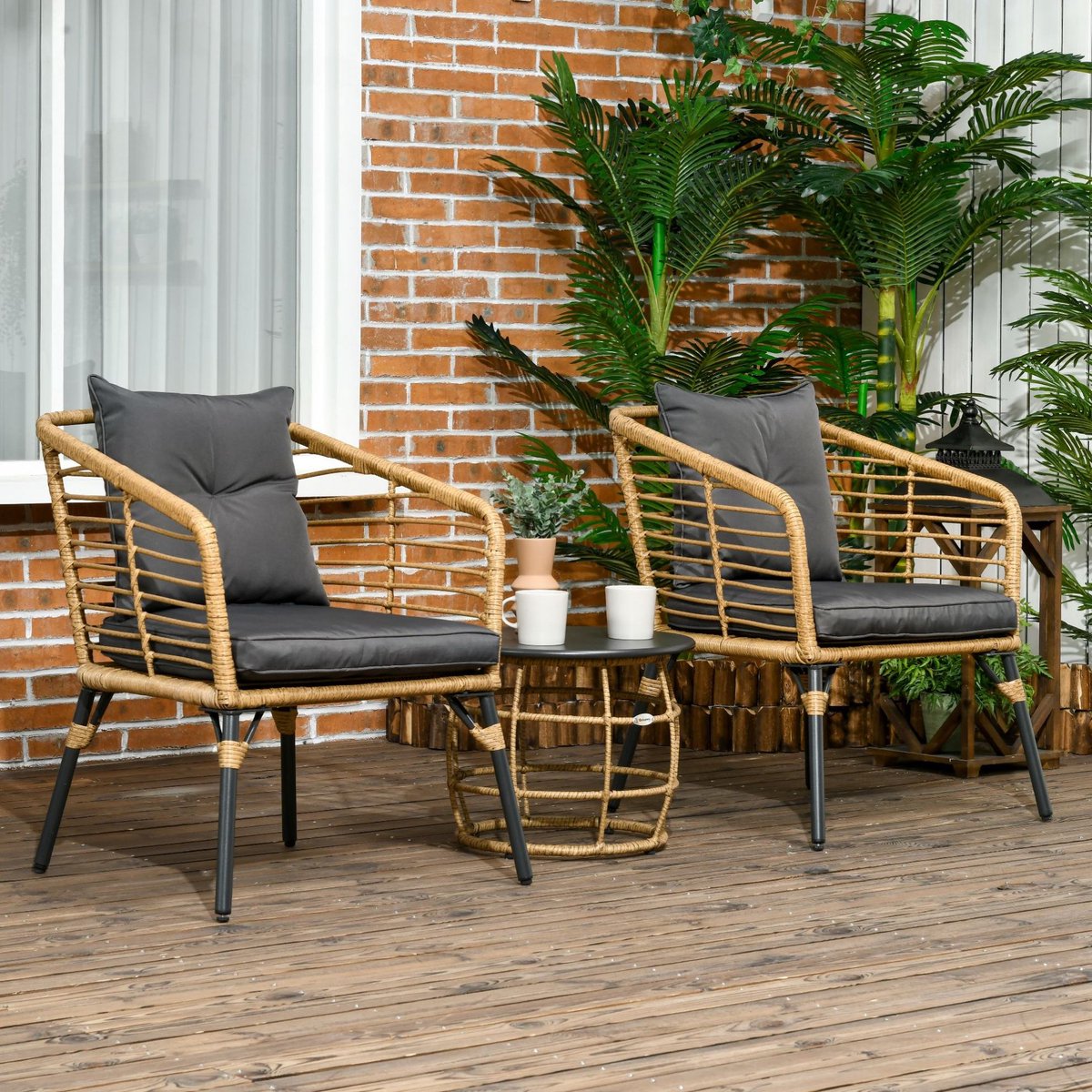 FloraGrace Bistroset - 3 Delige Tuinset Met 2 Fauteuils En Ronde Tafel - Voor Balkon Terras En Tuin - Sand En Donkergrijs