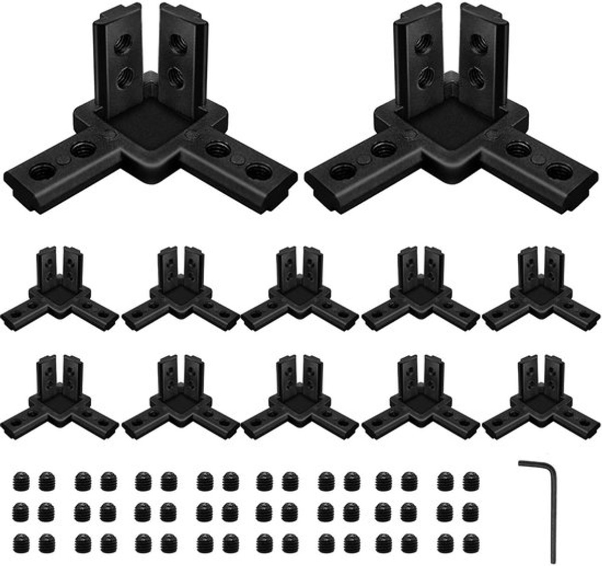Zwarte set van 12 3030 hoekbeugels met 3 standen, zwart, met 96 M4 schroeven en 1 M3 sleutel voor aluminium extrusieprofielen uit de 30x30 serie