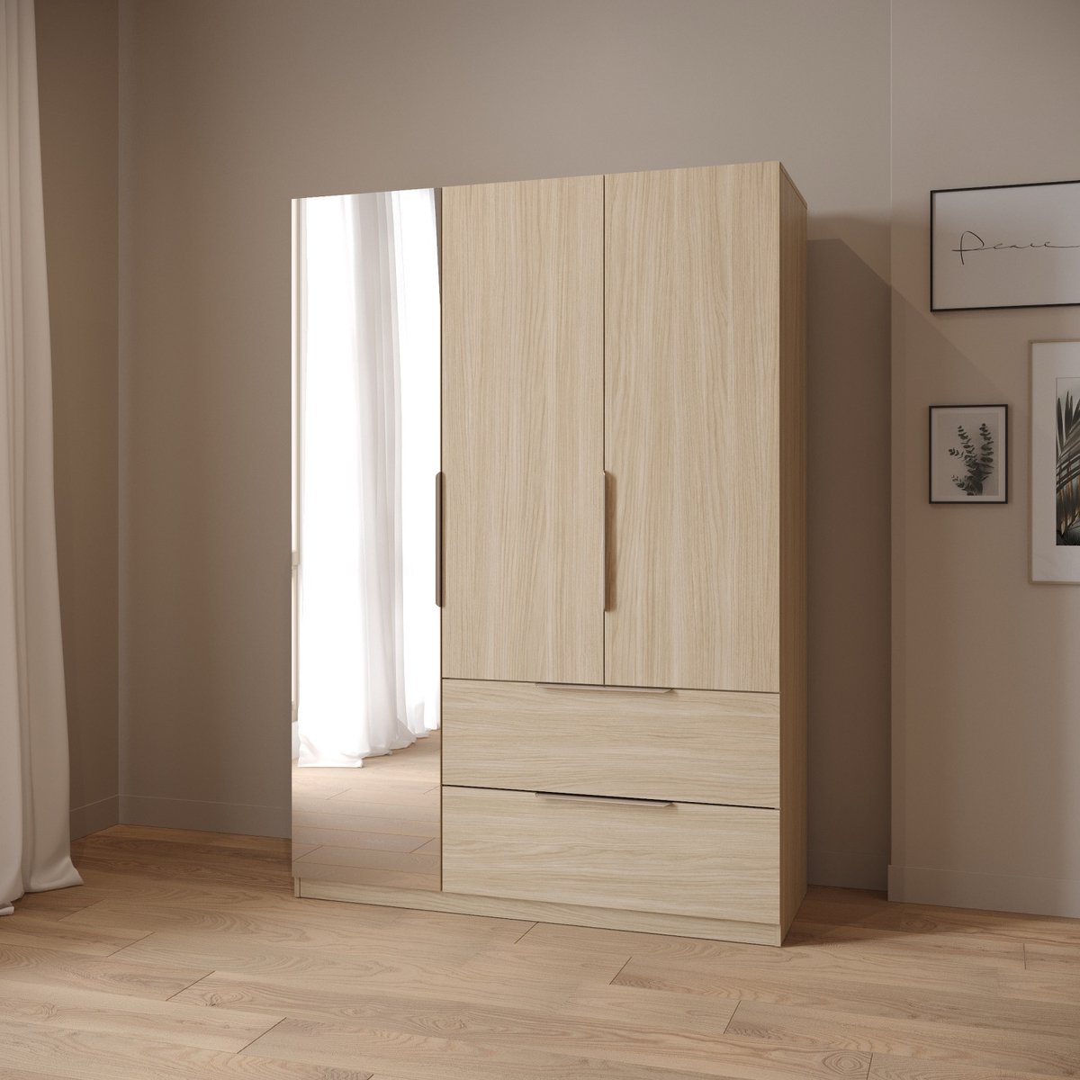 CBA MERYL kledingkast - 3 deuren - Spiegel - 2 laden - Kledingroede - 4 legplanken - Amaya eik - 134 x 52 x 193 cm