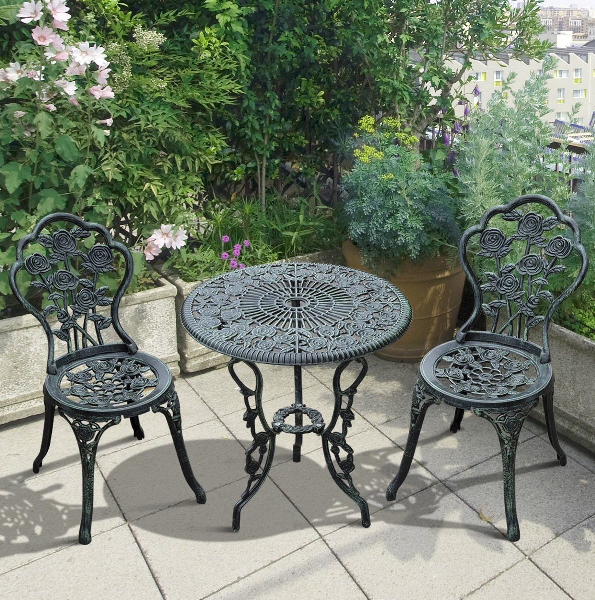 FloraGrace Bistroset - 3-Delige Tuinset Met Ronde Tafel En 2 Stoelen - Voor Balkon, Terras En Tuin - Aluminium - Groen