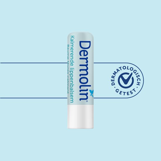 Dermolin kalmerende lippenbalsem. Blauwe verpakking met witte dop en dermatologisch getest logo.
