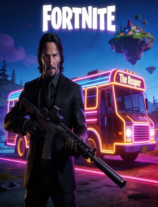 Luxe Metalen Wanddecoratie 30x40 cm –Fortnite - The Reaper - Neon Battle Bus - Metalen Poster 40x30cm