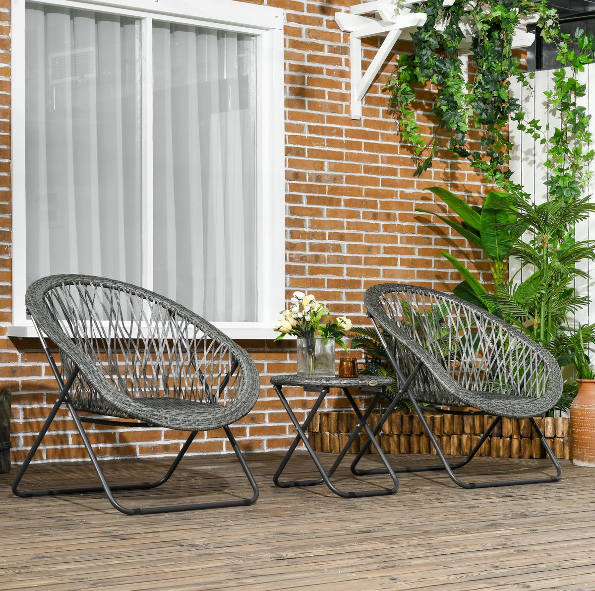 FloraGrace Bistroset - Inklapbare Tuinset Met 2 Stoelen En Ronde Tafel - Voor Balkon Terras En Tuin - Staal En Grijs Rotan