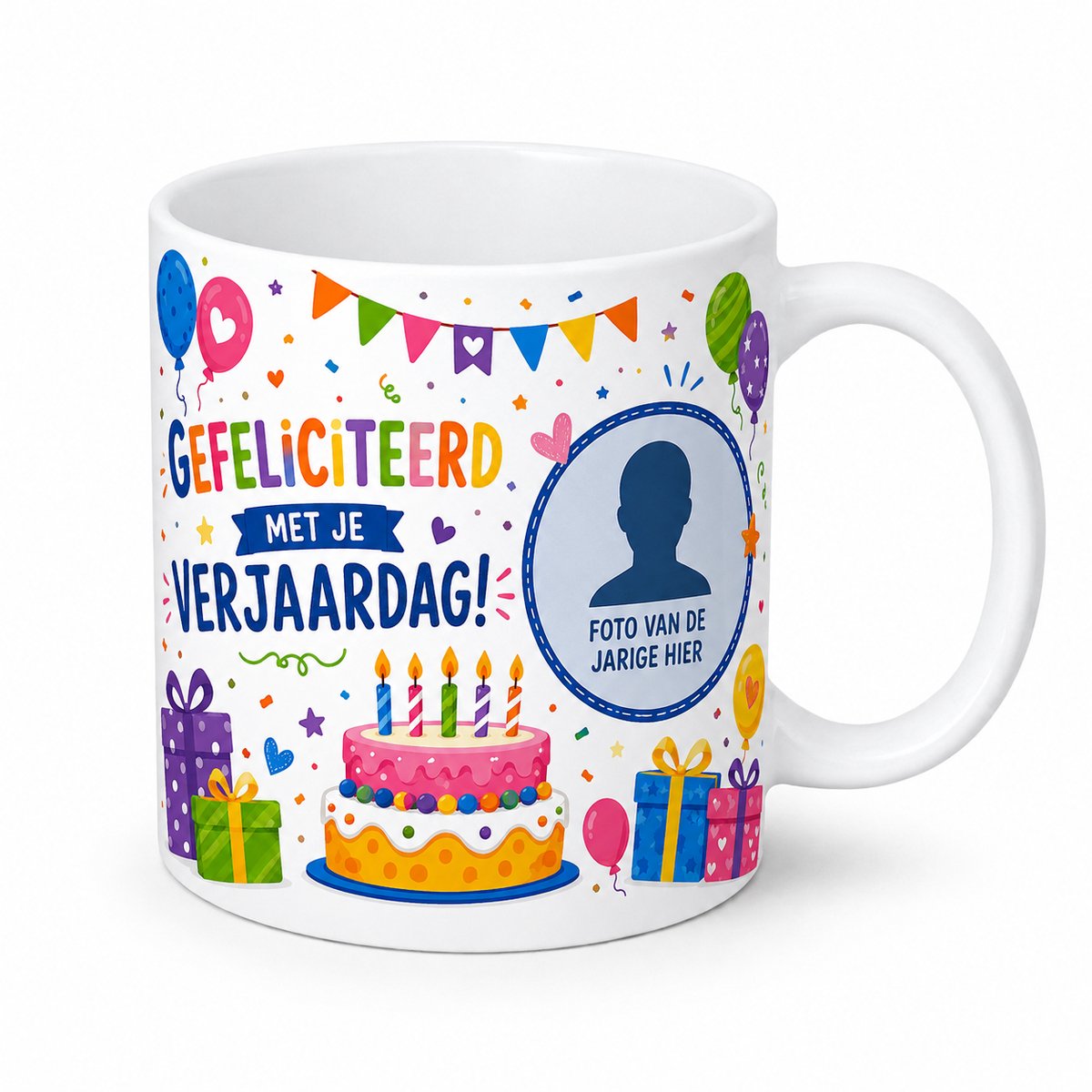 Gepersonaliseerde Verjaardagsmok met Foto – Gefeliciteerd met je Verjaardag Mok – Mok met Eigen Foto – Cadeau voor Verjaardag – Koffiemok Jarige – Theemok Verjaardag – Witte Keramische Fotomok met Taart, Ballonnen en Cadeaus