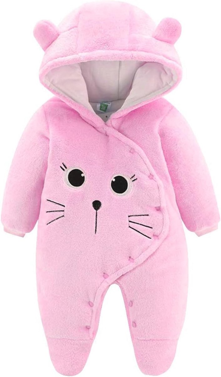 Winter Romper Dungarees voor Pasgeborenen - Flanel Playsuit met Voetjes en Kap, Cartoon Design voor 0-12 Maanden