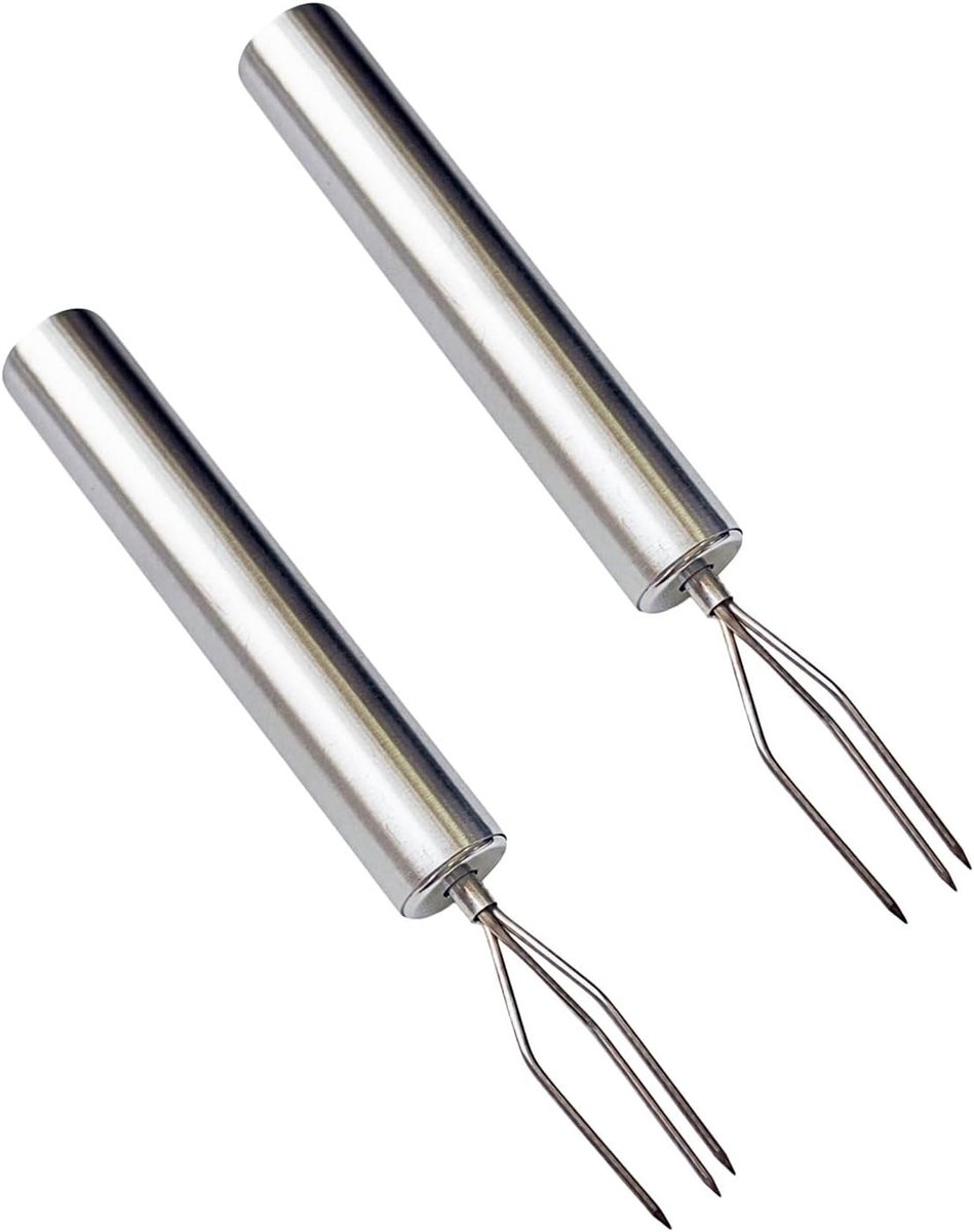 Ergonomische aardappelvorken van roestvrij staal, herbruikbaar, met beschermkappen voor het schillen van groenten en grillen van maïs, 2 stuks