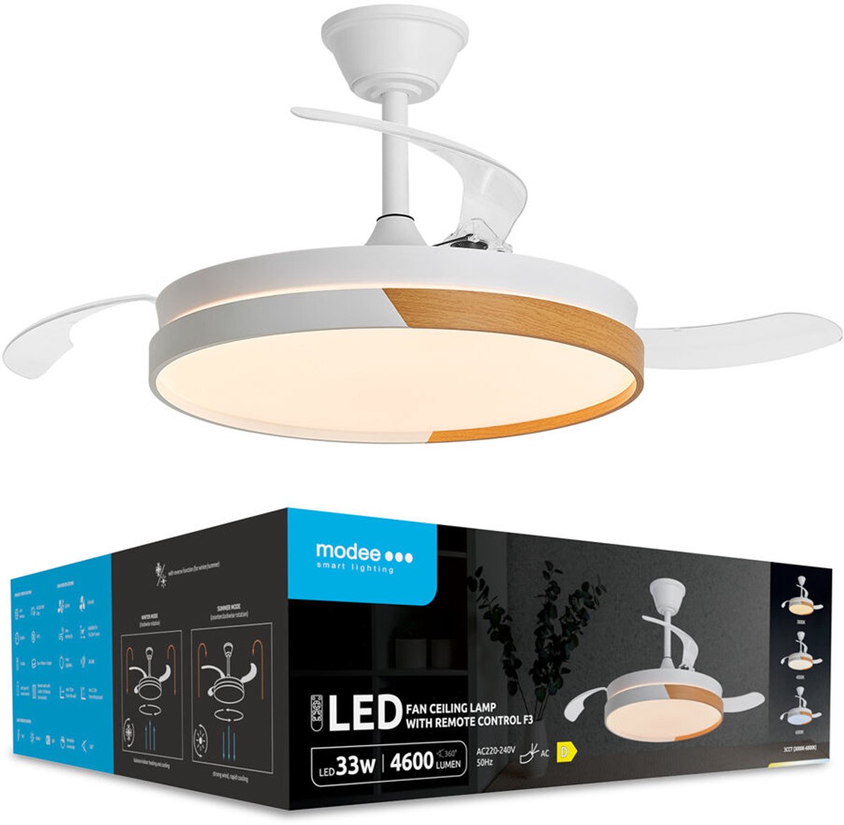 Modee Plafondventilator met LED Lamp 33W - 4600lm - Instelbare Lichtkleur - Ø500mm - Met Afstandsbediening - Wit
