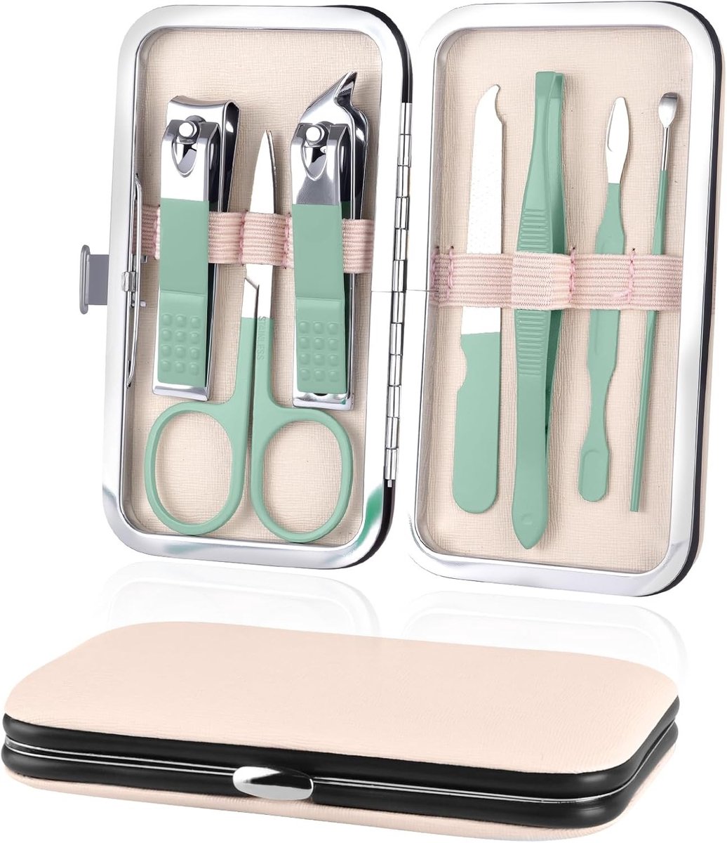 Professionele Manicure Set met 7 Stuks, Draagbare Nagelknippers en Wenkbrauwverzorging, RVS Nagelverzorging Gereedschap met Luxe Leren Etui voor Thuis en Reizen