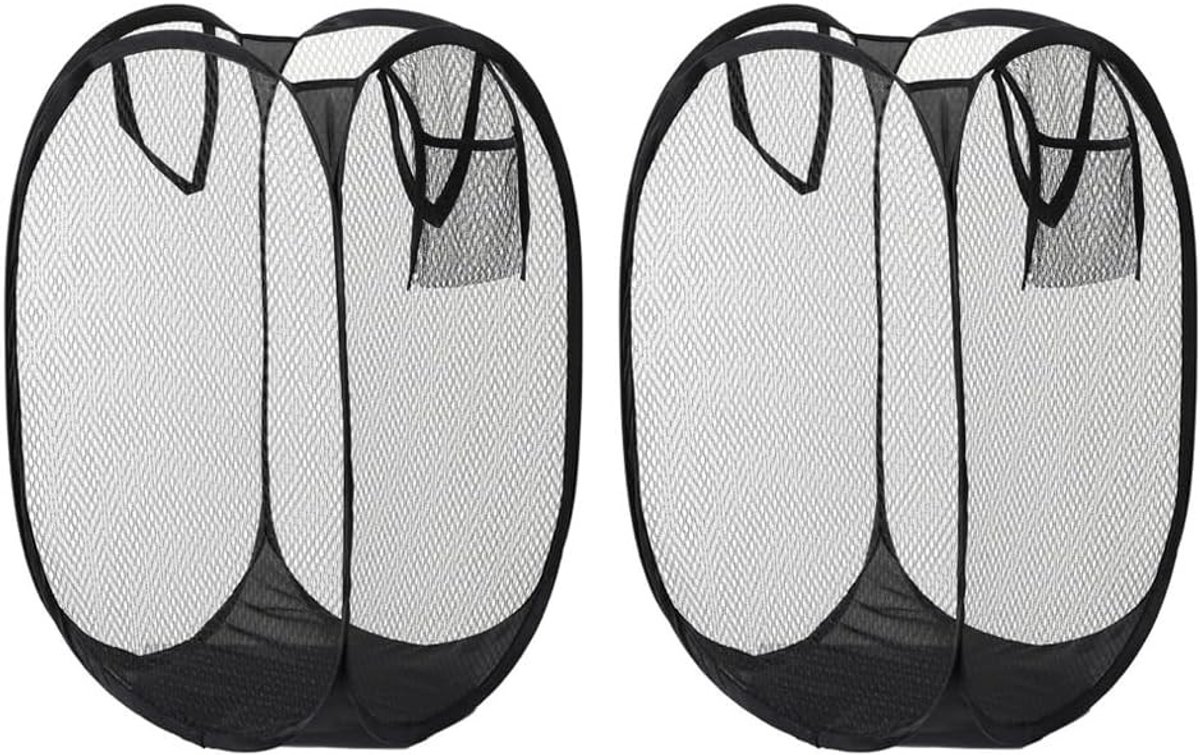 Pop-up wasmanden set van 2, opvouwbare mesh wasmand met handvatten en zijvak, ideaal voor badkamer en studentenhuis, zwart