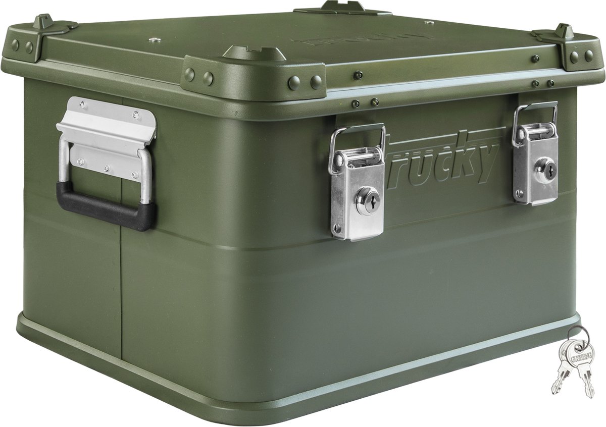 Aluminium kist met deksel, groene aluminium kist, 30 liter transportkist, metalen kist, aluminium opbergkist, afsluitbare metalen kist, Trucky