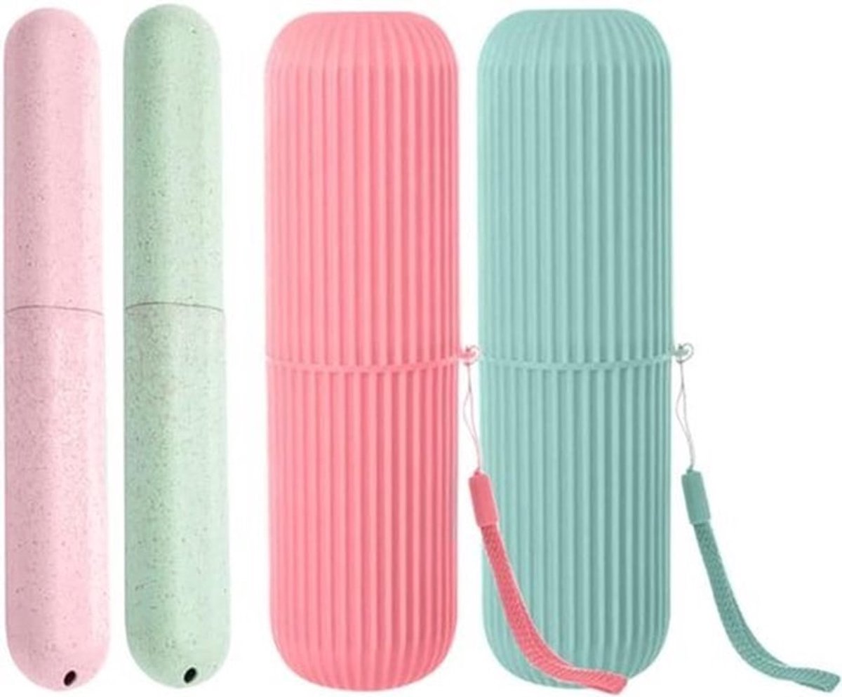 4-delig tandenborstelhouder reistandenborstel reisetui tandenborstel reiskopjes voor kamperen school reizen Roze en Groen Riem