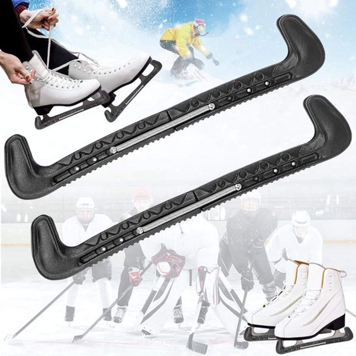 1 paar schaatsblade-beschermers - Verstelbare ijshockey-schaatsbladehoes - ijshockey-schaatsbeschermers met veer - Bescherming voor kunstschaatsen - Universeel (Zwart)