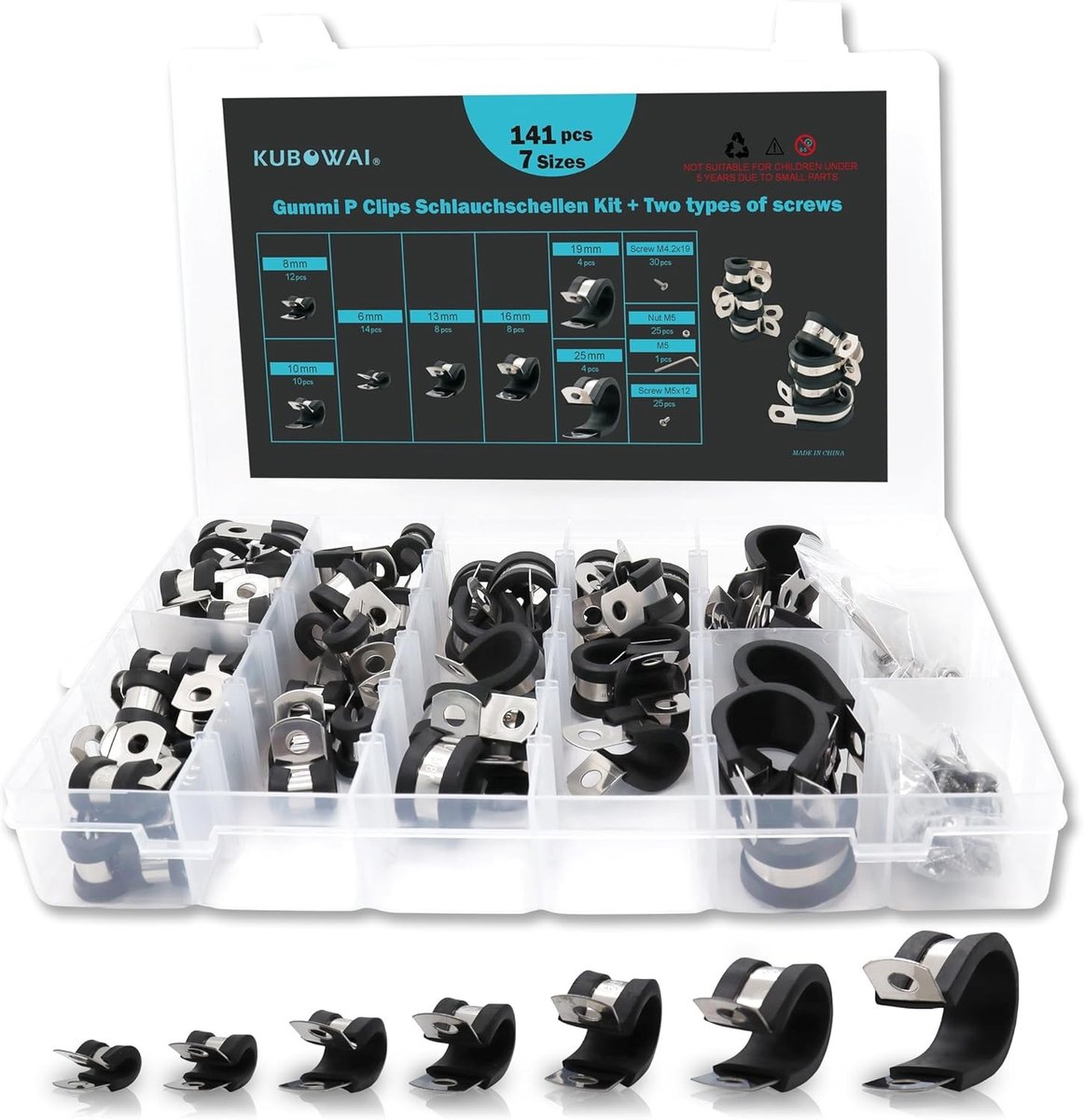 Rubber P-Clips en Slangklemmen Set van 141 Stukken, RVS Klemmen met Rubber Inleg, 7 Maten voor Diverse Toepassingen
