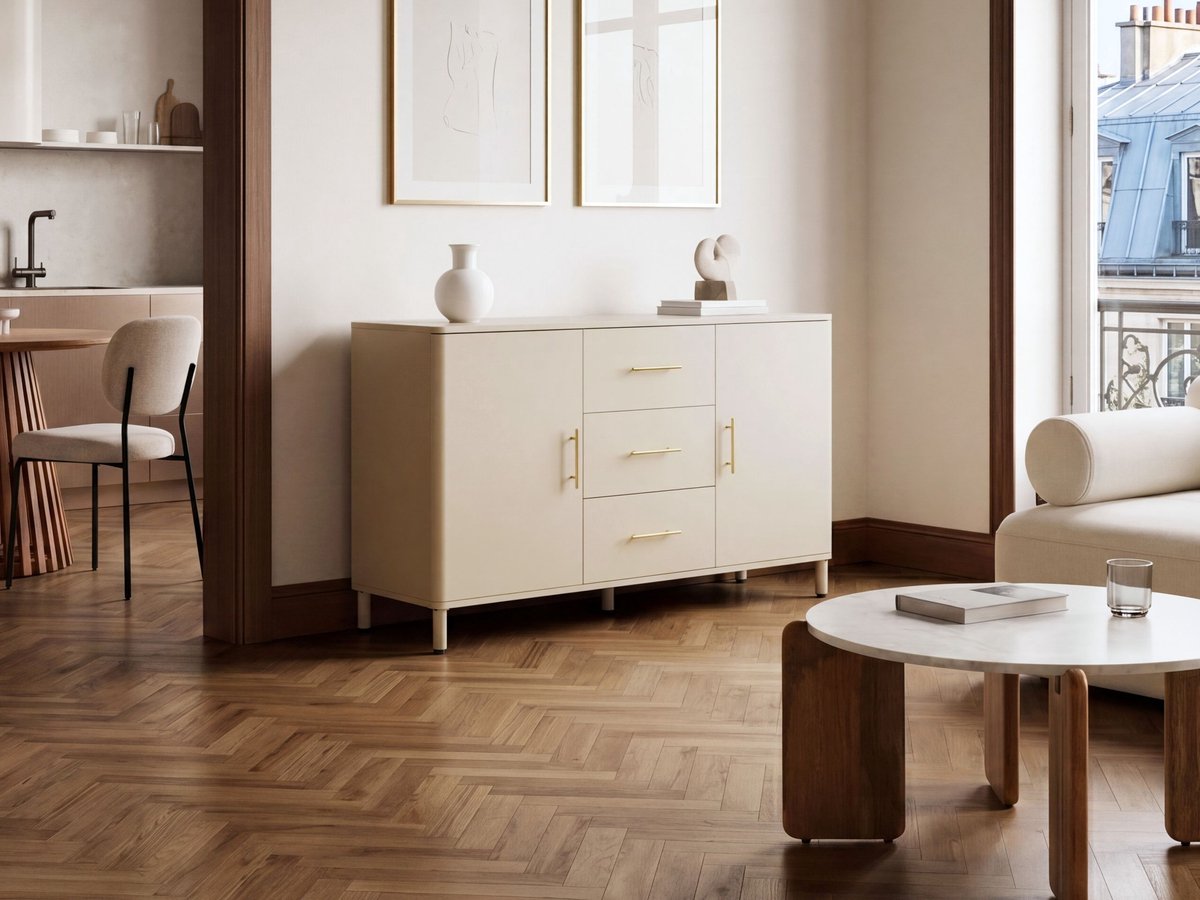 Beliani OMBURA - Dressoir met 2 deuren en lades - Beige - Staal