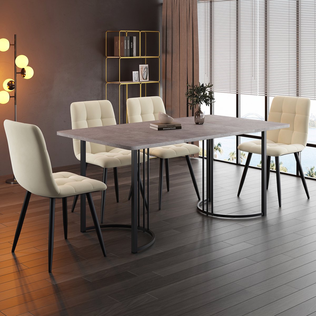 DESMIU Eettafelset 140 x 80 cm - 5-Delige Essgroep Met 4 Stoelen - Voor Eetkamer En Keuken - MDF, Metaal En Fluweel - Grijs Beige