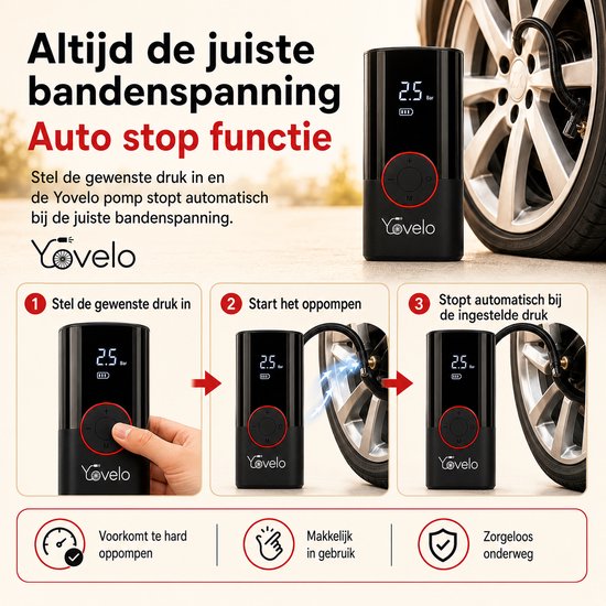 Yovelo - Elektrische Fietspomp - Incl. Opbergtas en 5 Opzetstukken - Luchtcompressor - Voor Fiets, Scooter, Motor en Auto - Elektrische Bandenpomp - Oplaadbaar & Draagbaar - Tot 10.3 Bar - Incl. Powerbank en Lamp met 3 Standen - Voor Noodpakket — afbeelding 5