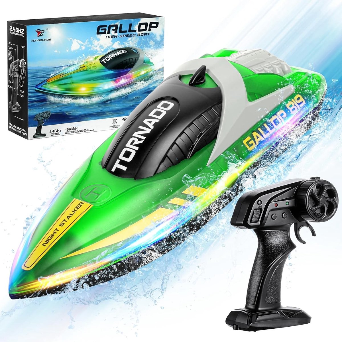 Snelvarende afstandsbediening boot met LED-verlichting, 15 km/h, 2 oplaadbare batterijen en capsize recovery functie