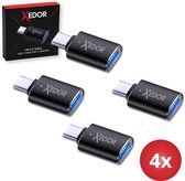 Verpakking en vier zwarte Xedor Nexa USB-C naar USB-A adapters.