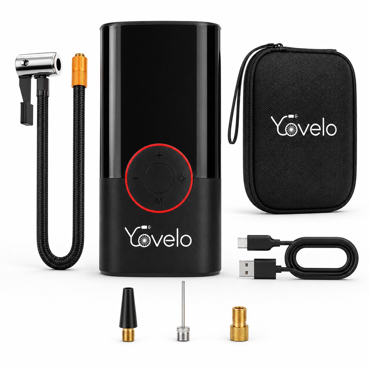 Yovelo® Elektrische Fietspomp & Bandenpomp Auto – Draagbare Mini Compressor 150 PSI – Draadloos Oplaadbaar USB-C – Digitale Drukmeter met Auto Stop – incl. 5 Opzetstukken & Opbergtas