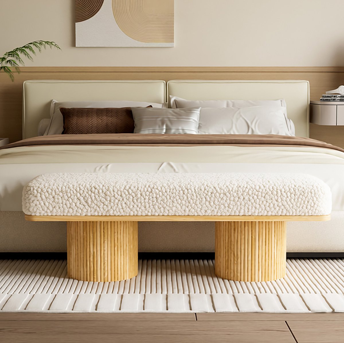 MIVRAY Hocker 122 x 46 x 42,5 cm - Zachte Teddy Bekleding en Stevige Houten Basis - Voor Slaapkamer en Hal - Hout en Creme