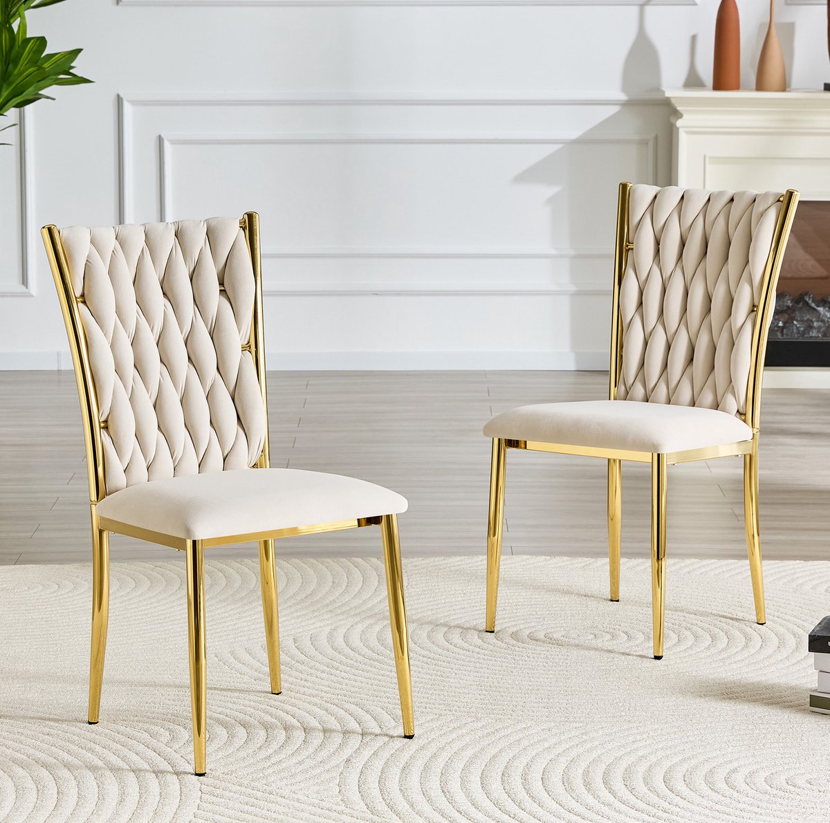 OKWISH Eetkamerstoel 45,7 x 58 x 94 cm - Hoge Rugleuning Met Handgeweven Patroon - Voor Keuken En Eethoek - Velvet En Metaal - Beige Goud