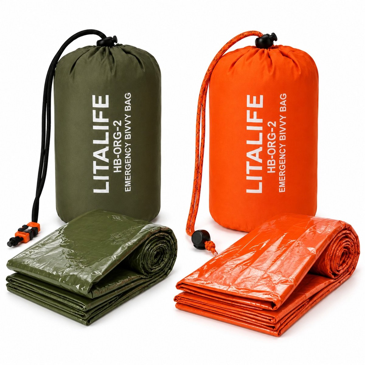 Litalife - Noodslaapzak 1x Groen en 1x oranje - 2-Pack - Waterdichte Bivvy Bag 213x91cm - Herbruikbaar