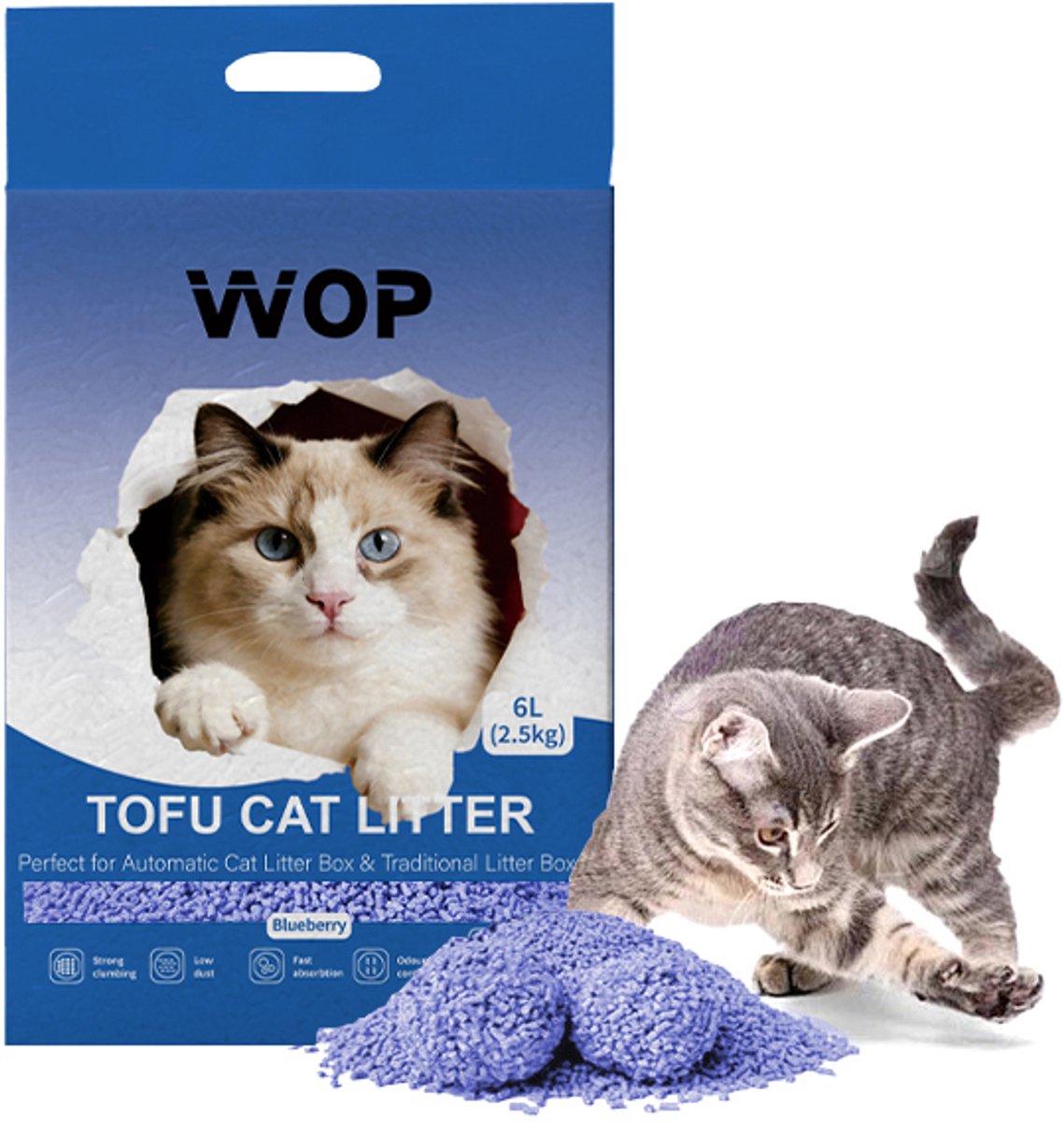 TOFU kattenbakvulling - Bosbes / Blueberry - WOP - Kattoilet - 6L - 2.5KG