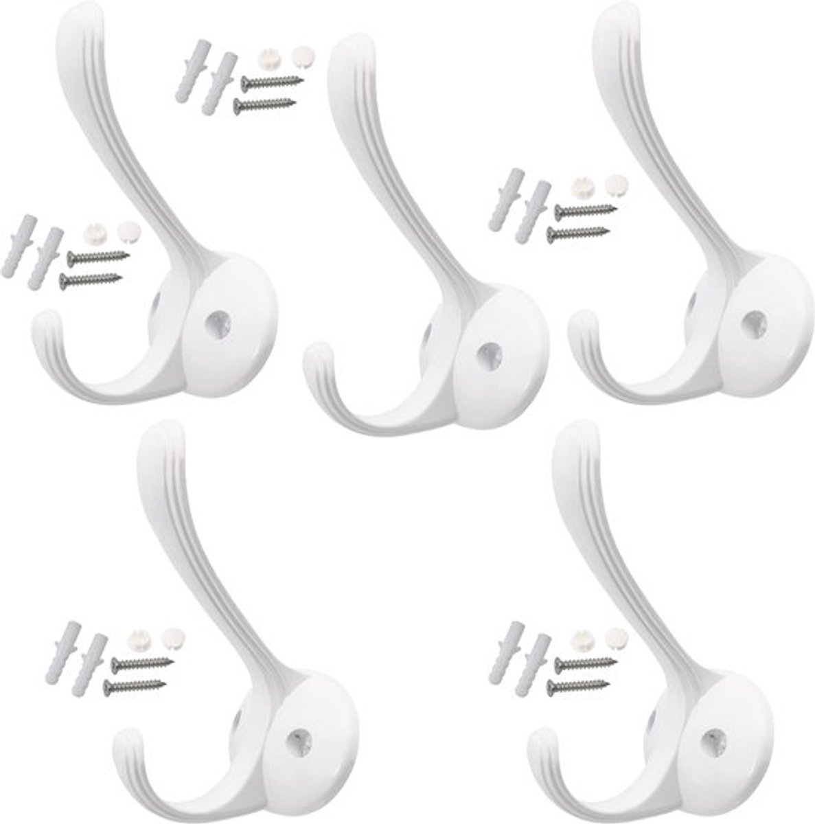 C64371 - Set van 5 dubbele wandhaken 105x65x75mm - metalen haken - witte kleur - voor jassen en handdoeken