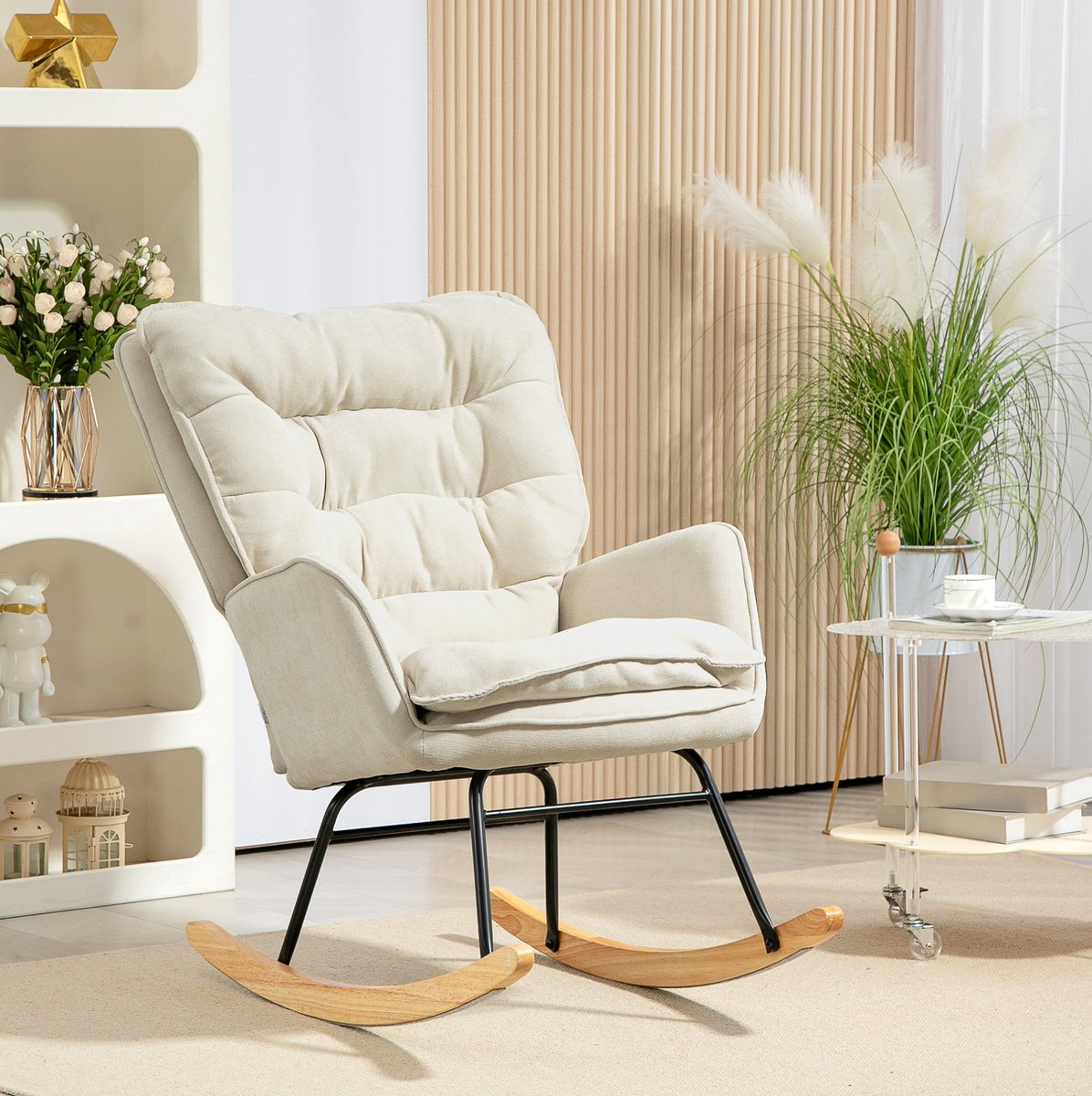 MIVRAY Schommelstoel 71 x 98,5 x 97 cm - Zachte Chenilleoptiek Met Ergonomische Rugsteun - Voor Woonkamer En Slaapkamer - Polyester Beige