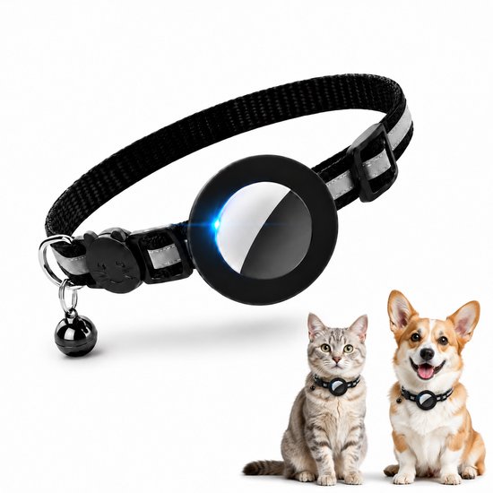 Zwarte kattenhalsband met een ronde tracker en een belletje, naast een grijze cyperse kat en een witte corgi.