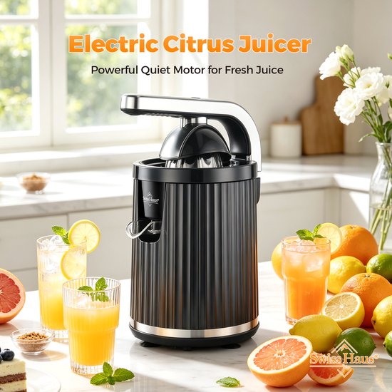 Swiss Haus® CJ23 Citruspers Elektrisch - 300W - Elektrisch Sinaasappelpers met Pershendel - BPA Vrij - Citroenpers - 2 Perskegels - Zwart van Merkloos — afbeelding 2