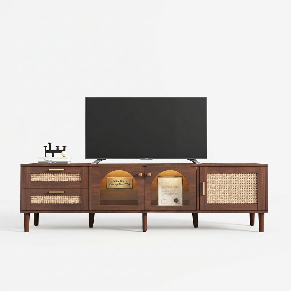 Tv-meubel bruin 180 cm met ledverlichting – Voor tv’s tot 80 inch – Rotanladen en glazen deuren