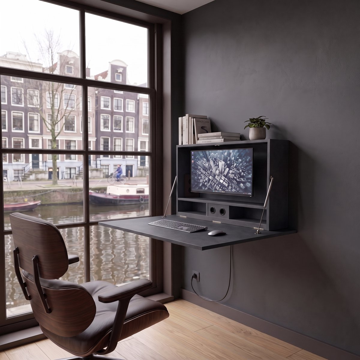Wandbureau inklapbaar | Inklapbaar bureau | Bureau thuiswerkplek | 110x75 | Zwart leder
