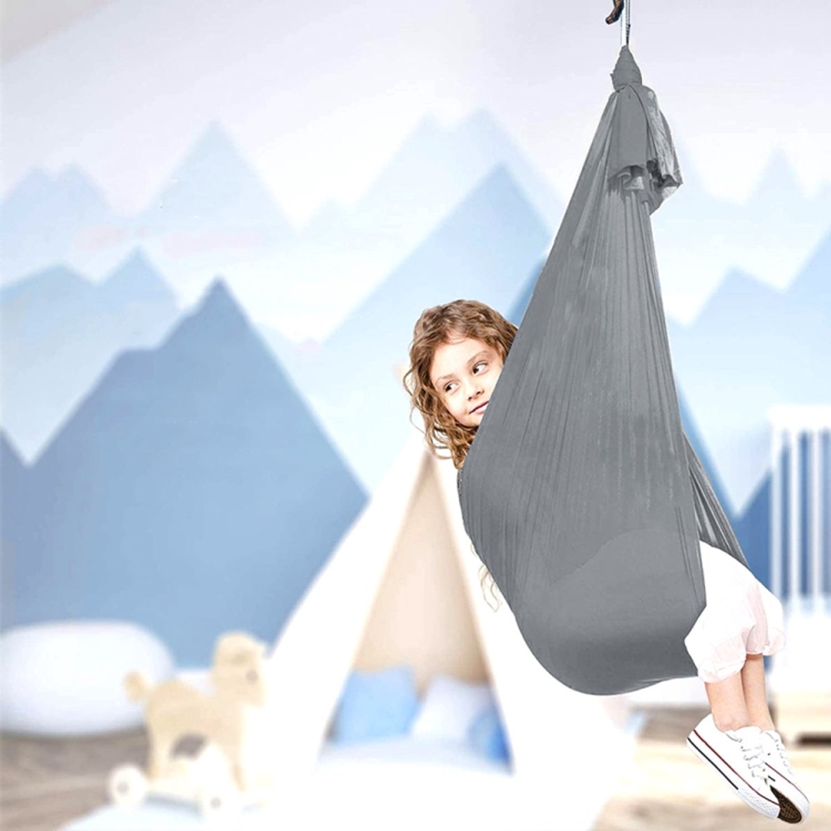 Kinderen elastische hangmat indoor outdoor swing, maat: 1x2.8m (zilvergrijs)