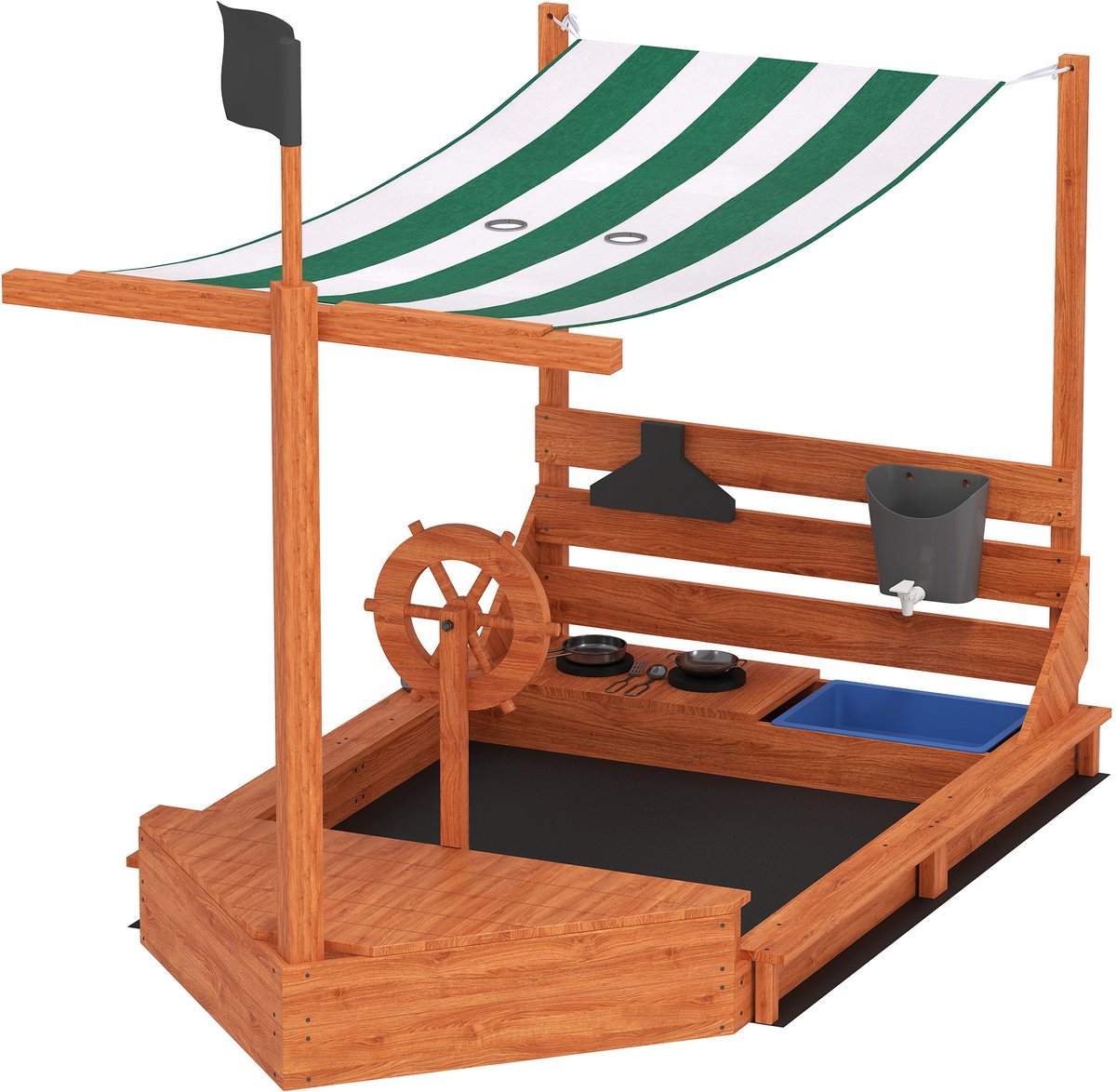 TEKROA® Houten Zandbak Piratenschip met Zonnedak & Speelkeuken - Inclusief Accessoires gronddoek - Groen - 180x103x144,5 cm