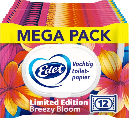 MEGA PACK Edet Vochtig toiletpapier Limited Edition Breezy Bloom, 12 pakjes met bloemenprint.