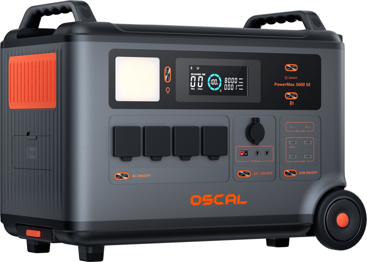 OSCAL PowerMax 3600SE - Draagbare Powerstation - 3600Wh LiFePO4-accu - UPS - 14 stopcontacten - 5 LED-lichtstanden - AC - Grijs