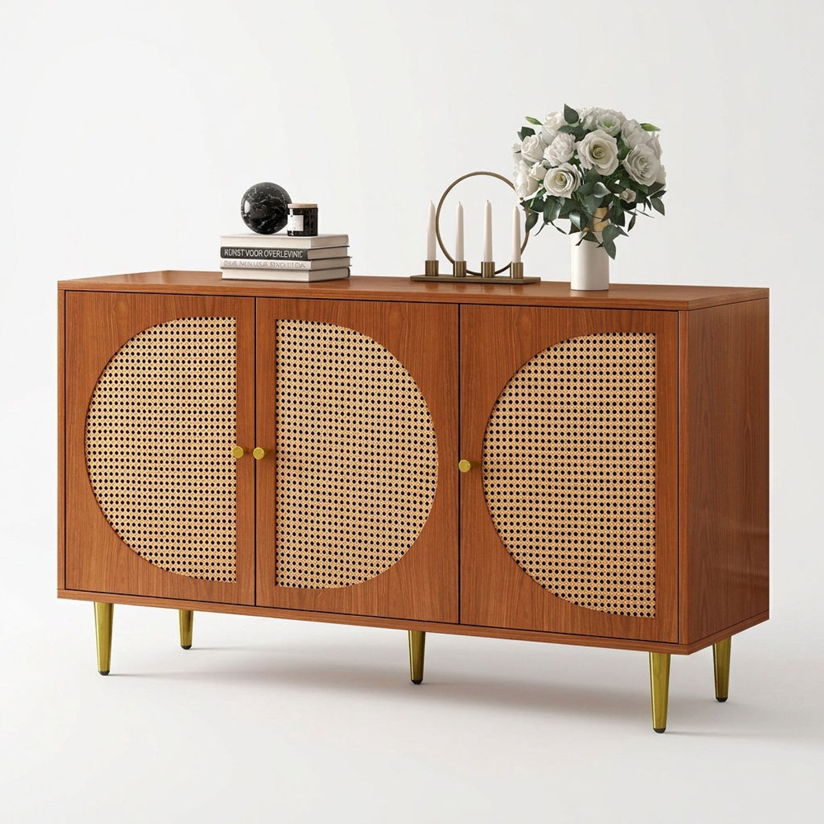 Sideboard walnoot – 129.8 x 40 x 76 cm – 3 deuren met rotanaccenten en metalen handgrepen