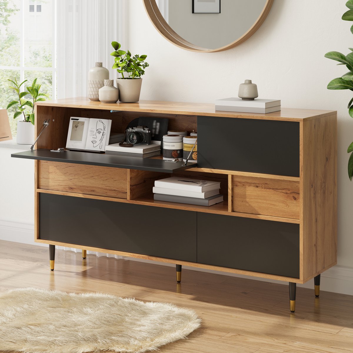 HAUSS SPOLE Dressoir - Tweekleurig Design Met 2 Lades En Open Vak - Voor Woonkamer Eetkamer En Hal - MDF En Spaanplaat - 140x40x84,5 Cm - Zwart Naturel