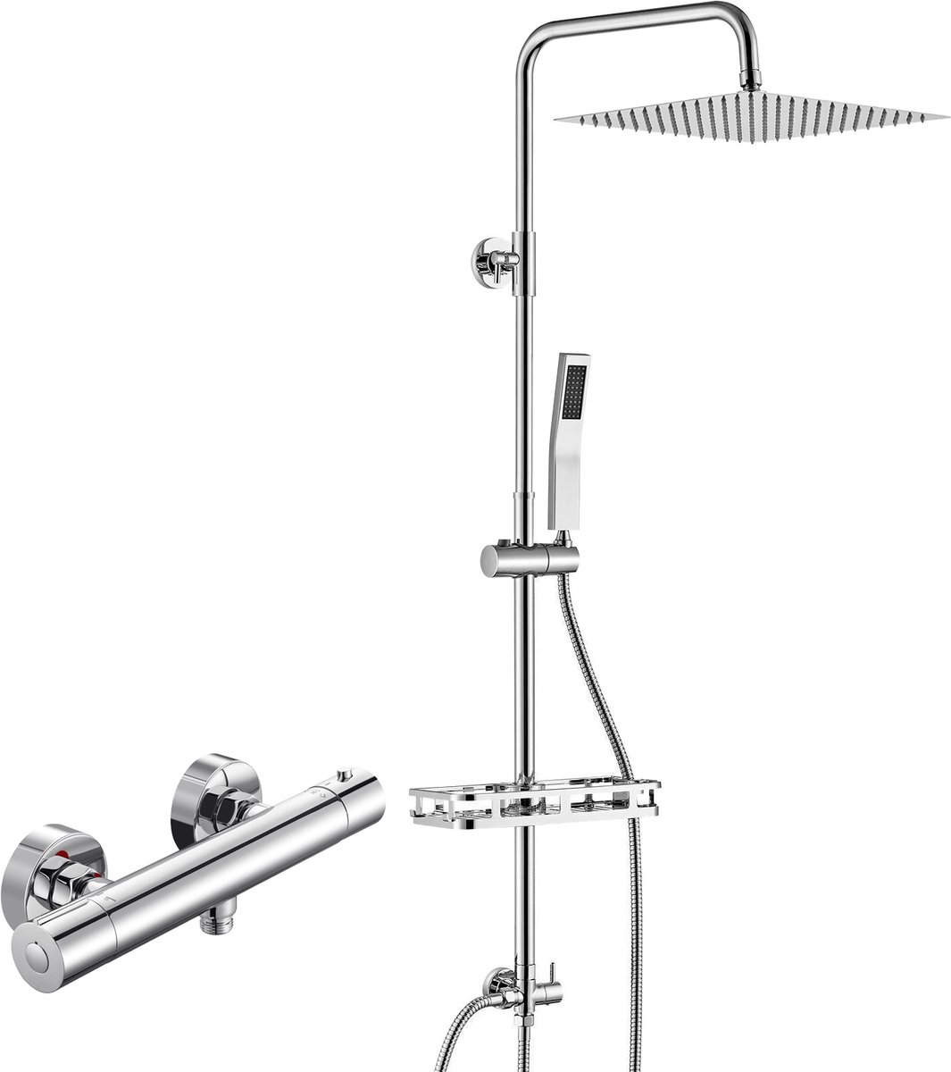 Auralum max Douchesysteem met Thermostaatkraan - 12 inch Douchekop - Doucheset - Regendouche en Handdouche - Inclusief Plankje - Waterbesparend - Chroom