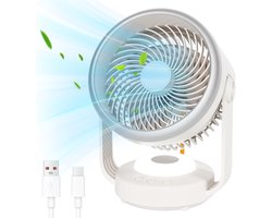 Tafelventilator Oplaadbaar USB - Stille Bureauventilator met Oscillatie - 4 Snelheden - Draadloos - 5700mAh - 90° Draaibaar - Ventilator voor Kantoor, Slaapkamer en Camping - Wit